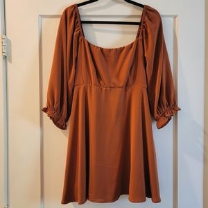 NWOT FOREVER21 TERRA COTA SKATER DRESS WITH PEASENT SLEEVES SIZE L